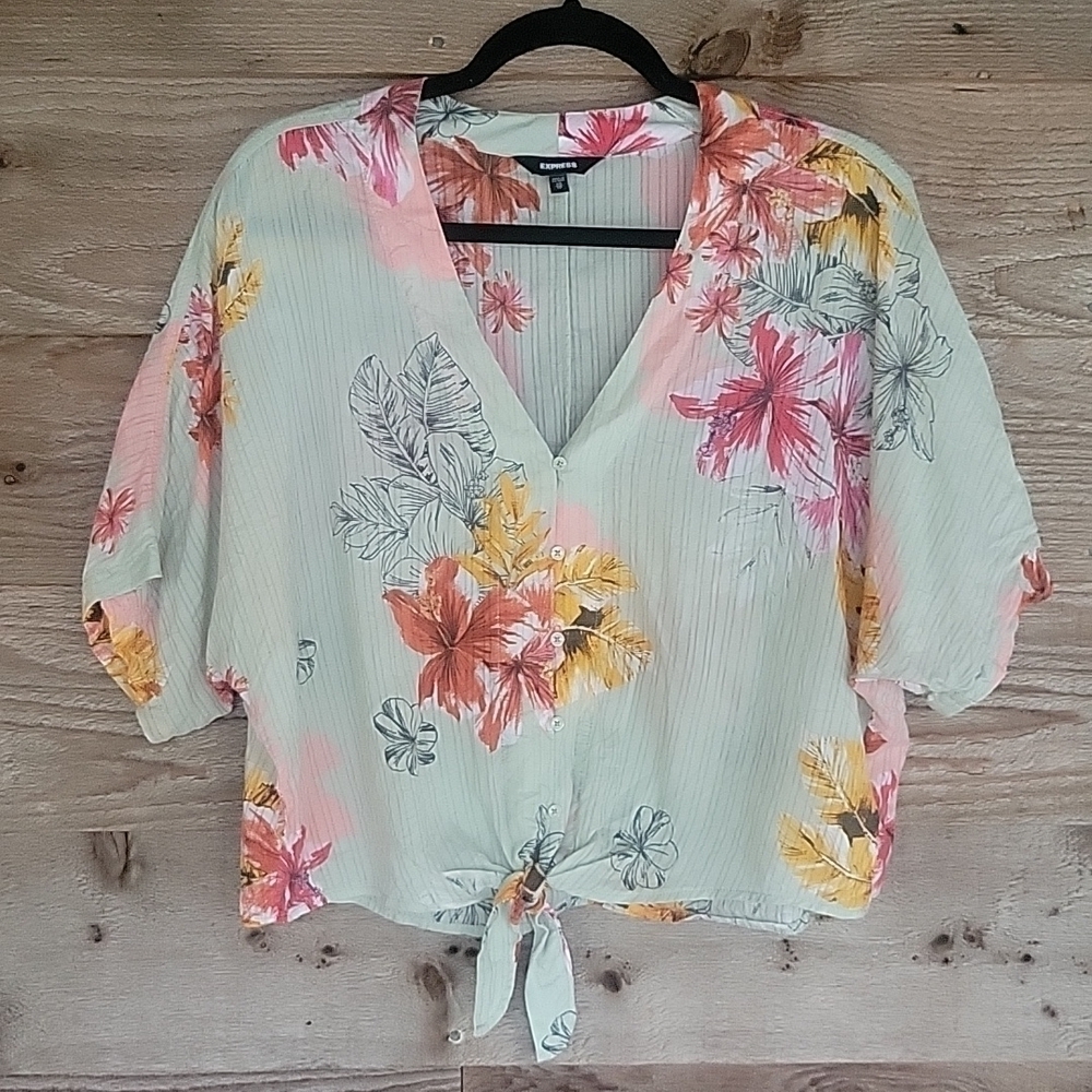 Express Light Green Tropical Floral Tie Front Top Size XSmall